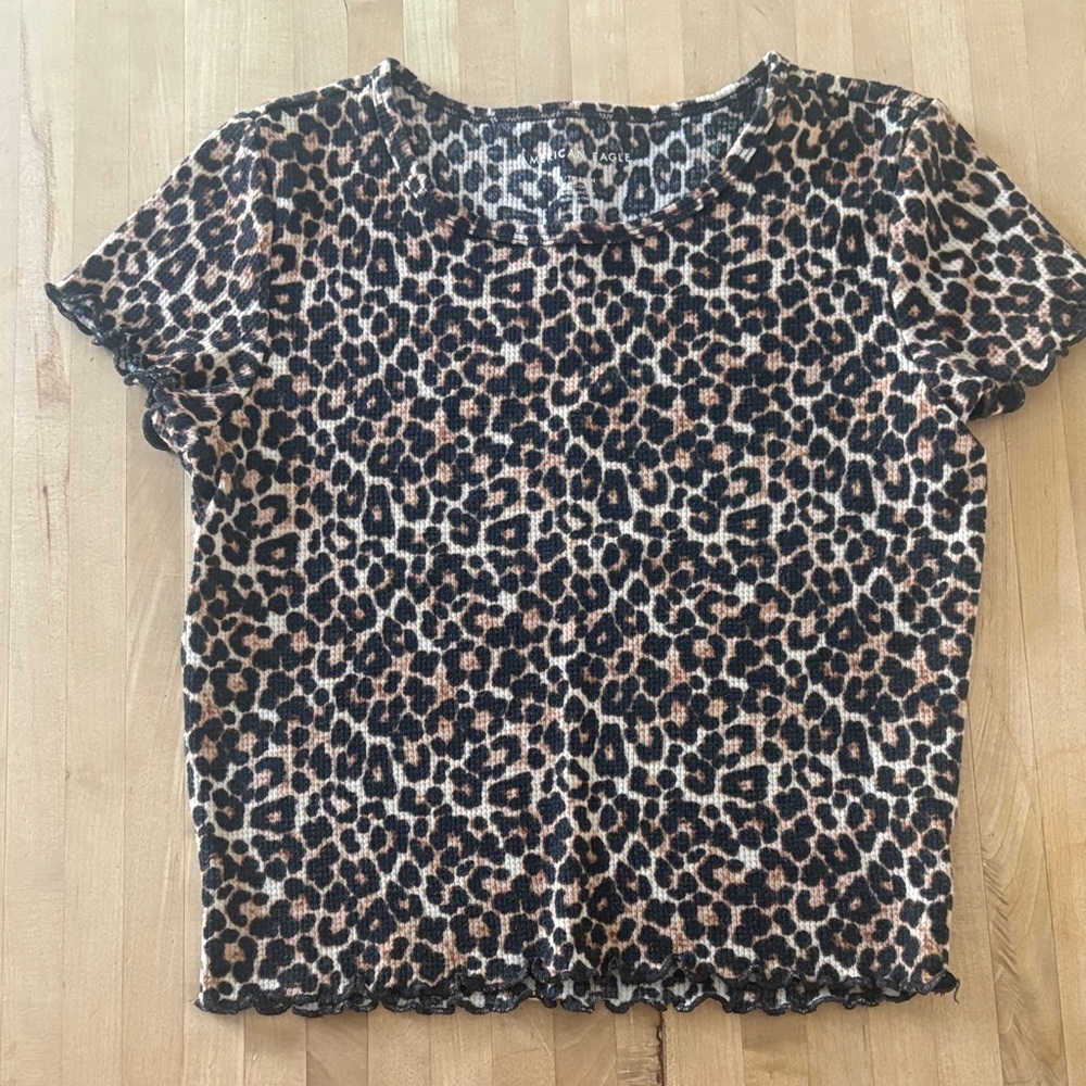 American Eagle Womens Leopard Print Short Sleeve Top - Black & Brown Size XS
